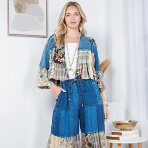 Western Boho Tiered Patch Denim Cropped Shrug